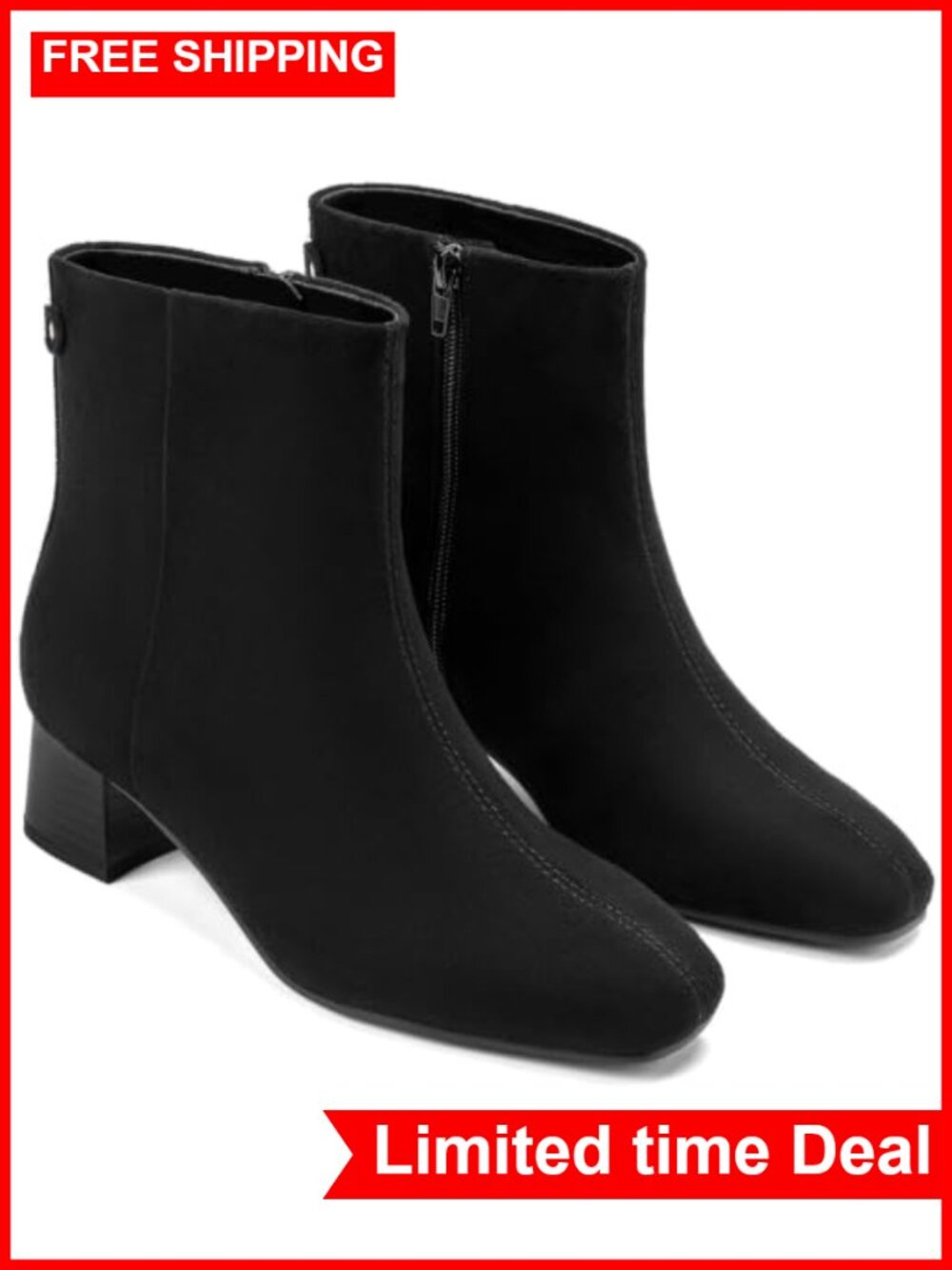 Wide Width Ankle Boots Square Toe Low Chunky Block Heel Faux Suede